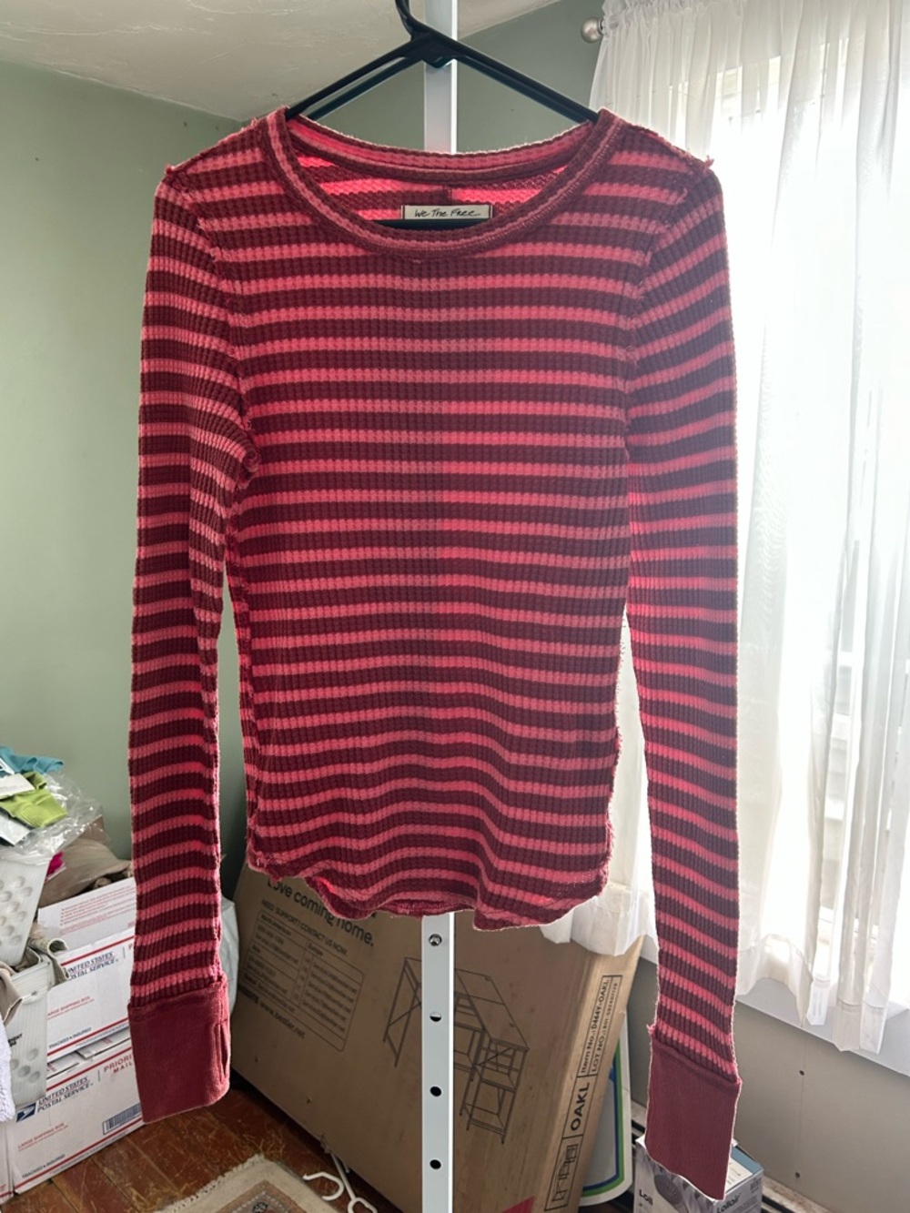 We The Free Striped Long-Sleeve Waffle Knit Top in Pink and Burgundy